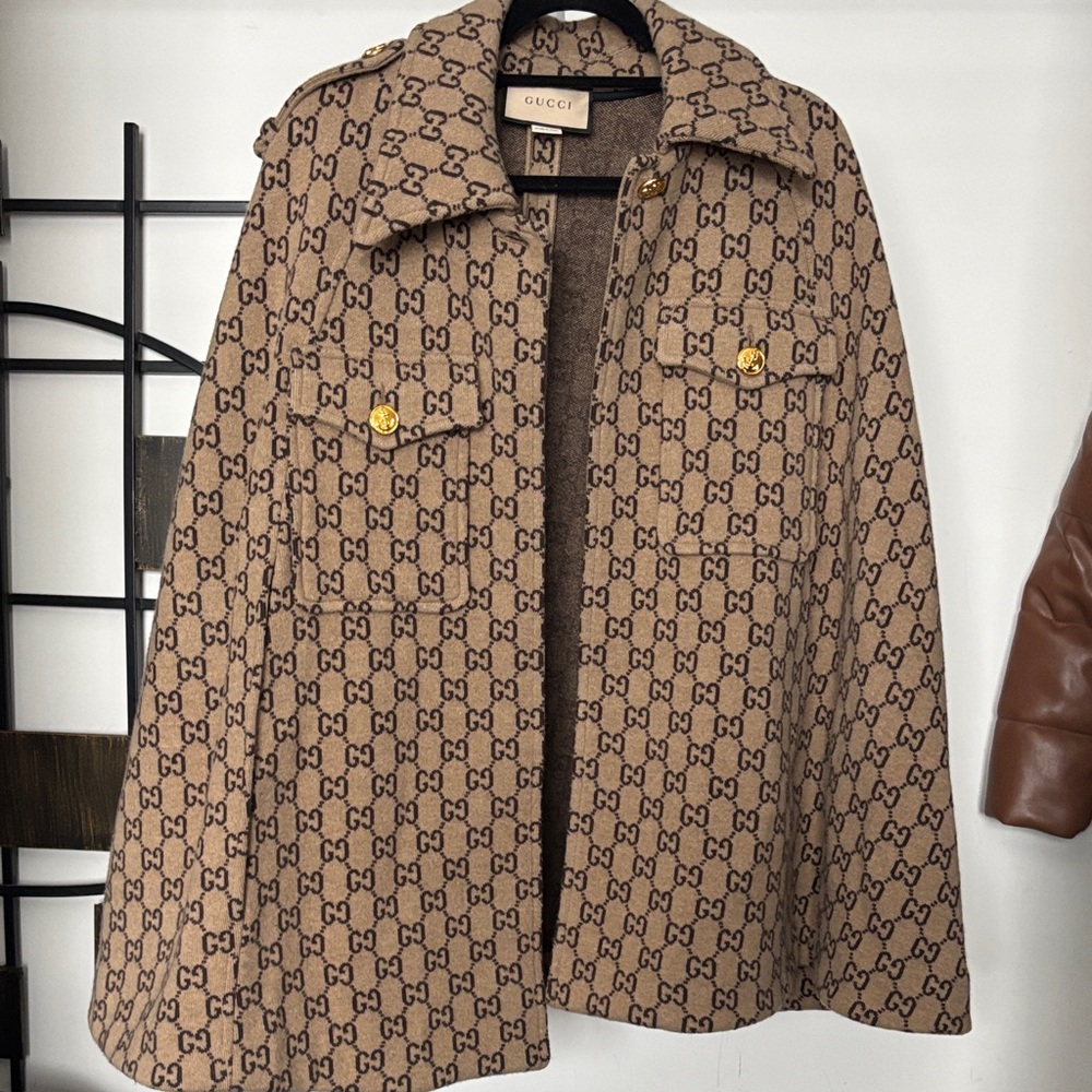 Gucci Tan Monogrammed Cape with Gold Buttons